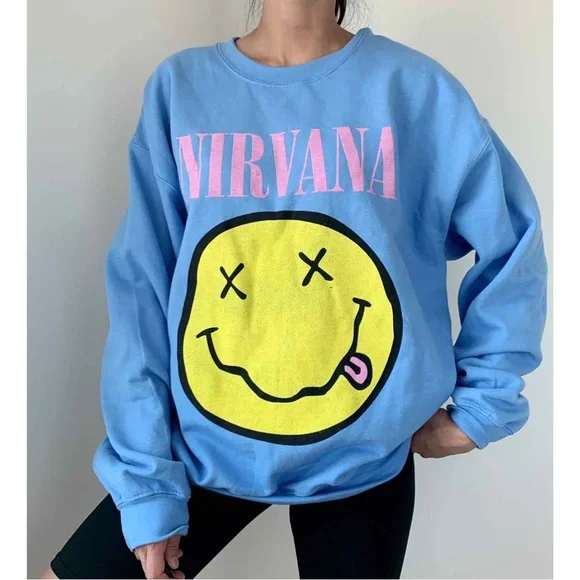 NIRVANA SMILEY FLEECES CREW NECK SWEATER - BABY BLUE SIZE L - Picture 3 of 5